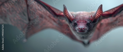 A bat with red wings and red face is flying in the air photo