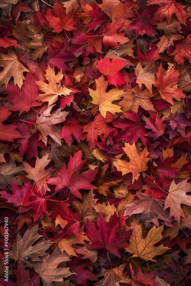 A colorful mix of red and yellow leaves fallen from trees, scattered on the ground A colorful mix of red and yellow leaves fallen from trees, scattered on the ground