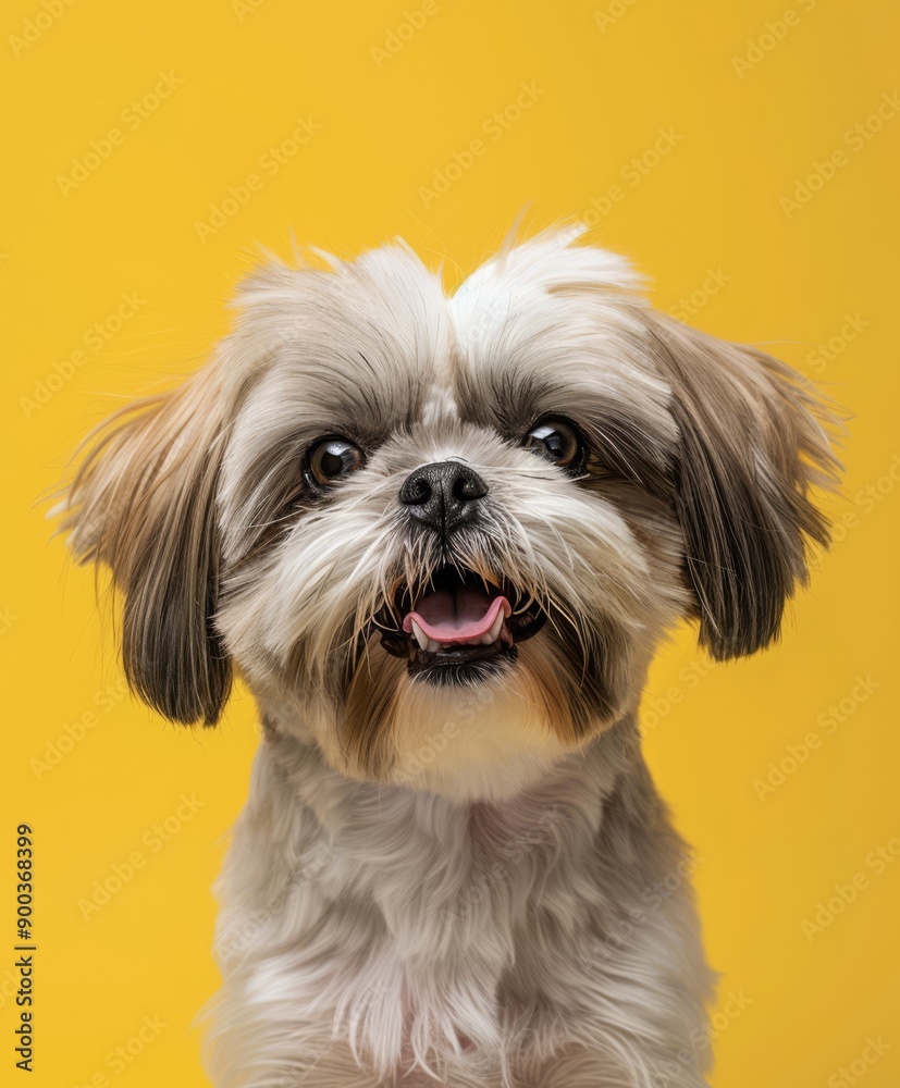 Realistic shitzu dog thats content happy with a bright yellow background Realistic shitzu dog thats content happy with a bright yellow background