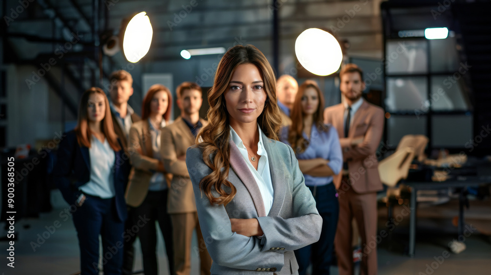 Obraz premium A young businesswoman and her team of emerging leaders, confidently posing in a futuristic office environment, symbolizing the evolution of leadership in the family business.