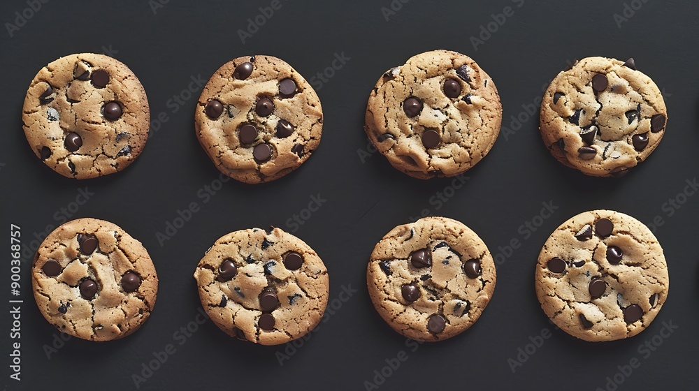 Eight Chocolate Chip Cookies on Black Background. Eight Chocolate Chip Cookies on Black Background.