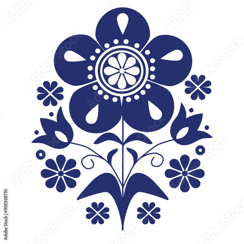 flowers style Scandinavian folk art ,tulip,dot,flower water drop shape, flower heart shape ,circle shape ,blue and white ornament ,design elements. 