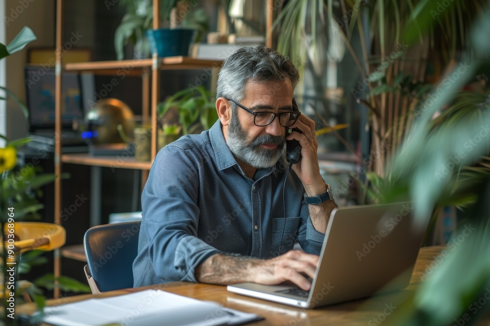 businessman multitasking, typing on his laptop while taking phone call businessman multitasking, typing on his laptop while taking phone call
