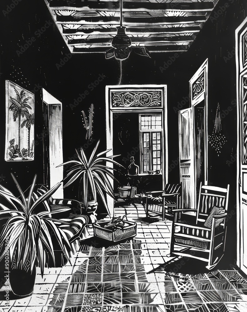 Simple realistic black and white linocut portrait in a mexican villa