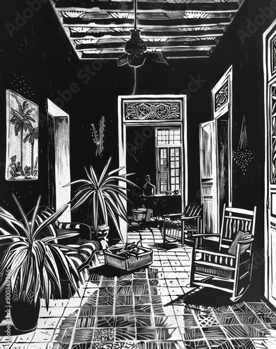 Obraz na płótnie Simple realistic black and white linocut portrait in a mexican villa w salonie