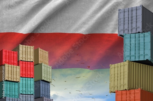 South Ossetia flag and big stack of shipping cargo containers in docks with sky background close up photo