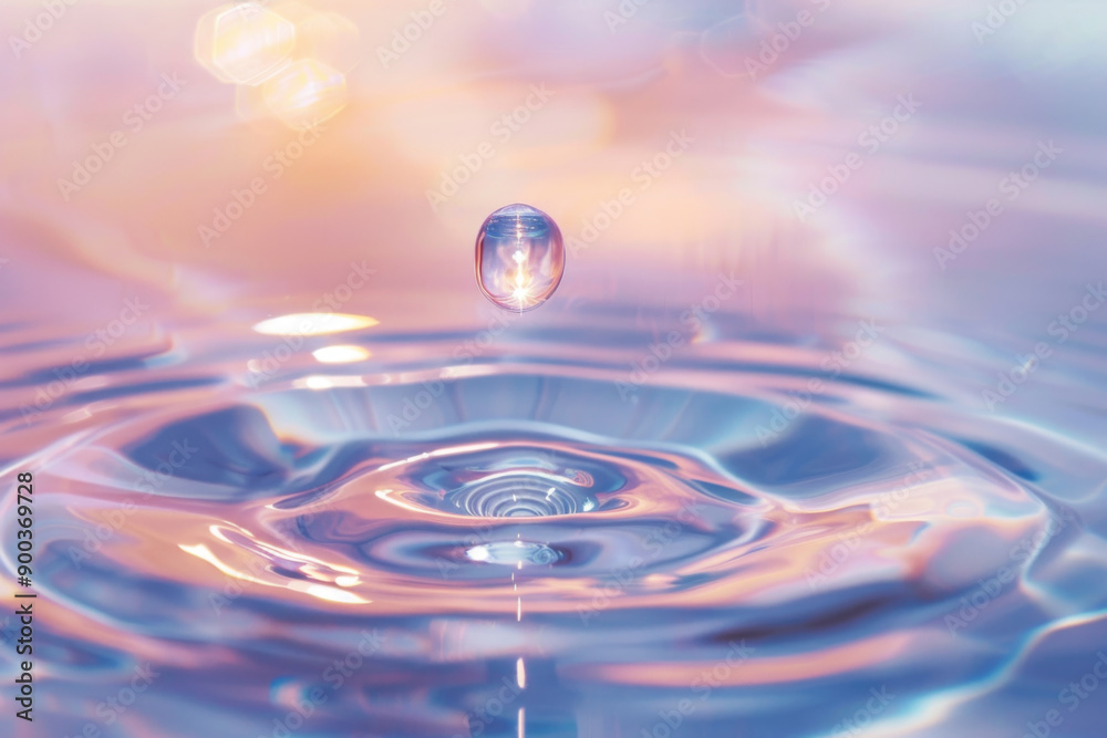 A single water drop falls into a calming pool of iridescent liquid creating concentric ripples and ethereal light reflections A single water drop falls into a calming pool of iridescent liquid creating concentric ripples and ethereal light reflections