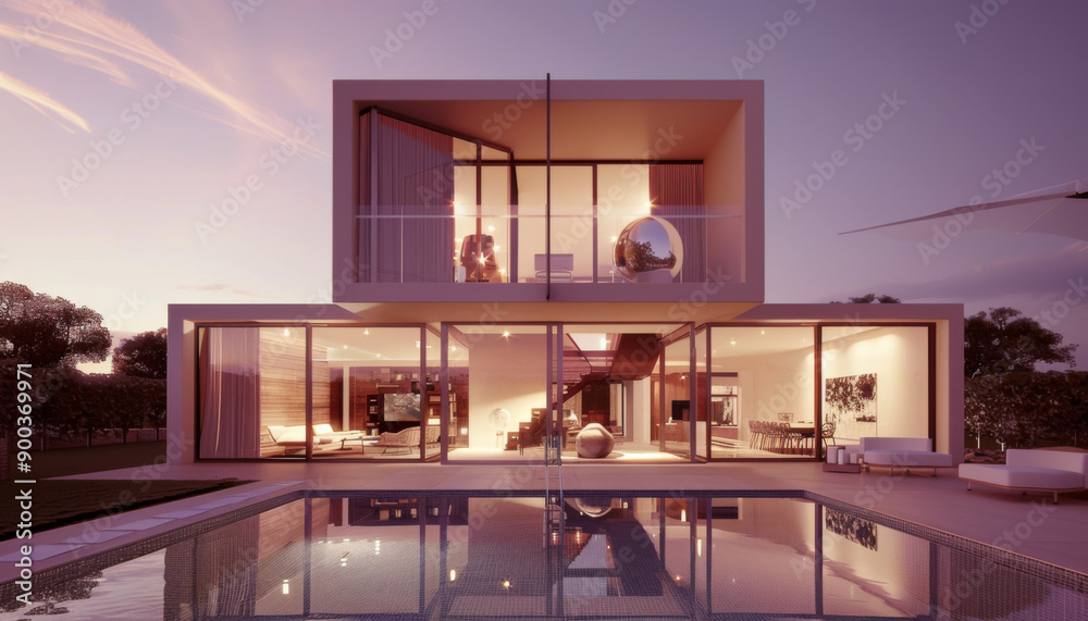 Fototapeta premium A modern house with a swimming pool reflecting the sunset sky