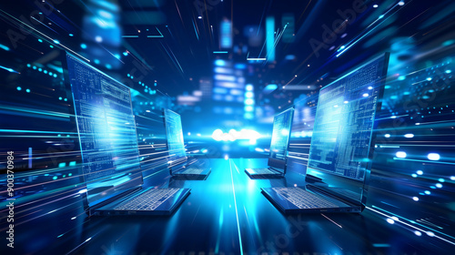 High-Speed Data Network with Connected Computers in Futuristic Blue Digital Space