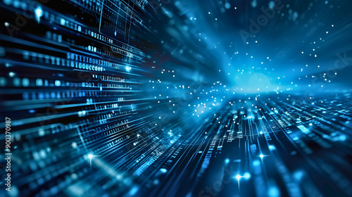 Digital Binary Code Matrix Flowing in Abstract Blue Cyberspace
