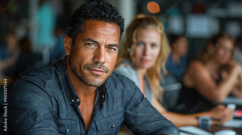 A man gazes intently while seated at a lively café with friends nearby A man gazes intently while seated at a lively café with friends nearby