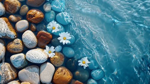 stones on the beach, bright ocean background, natural stones, summer vibes, blue ocean landscape