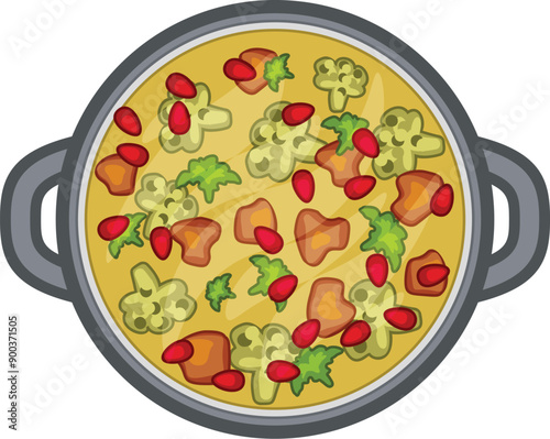 Steaming hot pot of delicious vegetable soup cooking on stove top