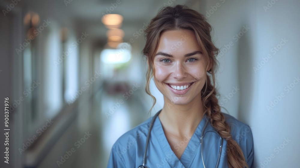 A confident medical worker welcomes with a warm smile in a hospital hallway A confident medical worker welcomes with a warm smile in a hospital hallway