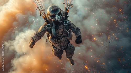 Brave soldier descends through smoke and flames during a daring airborne operation