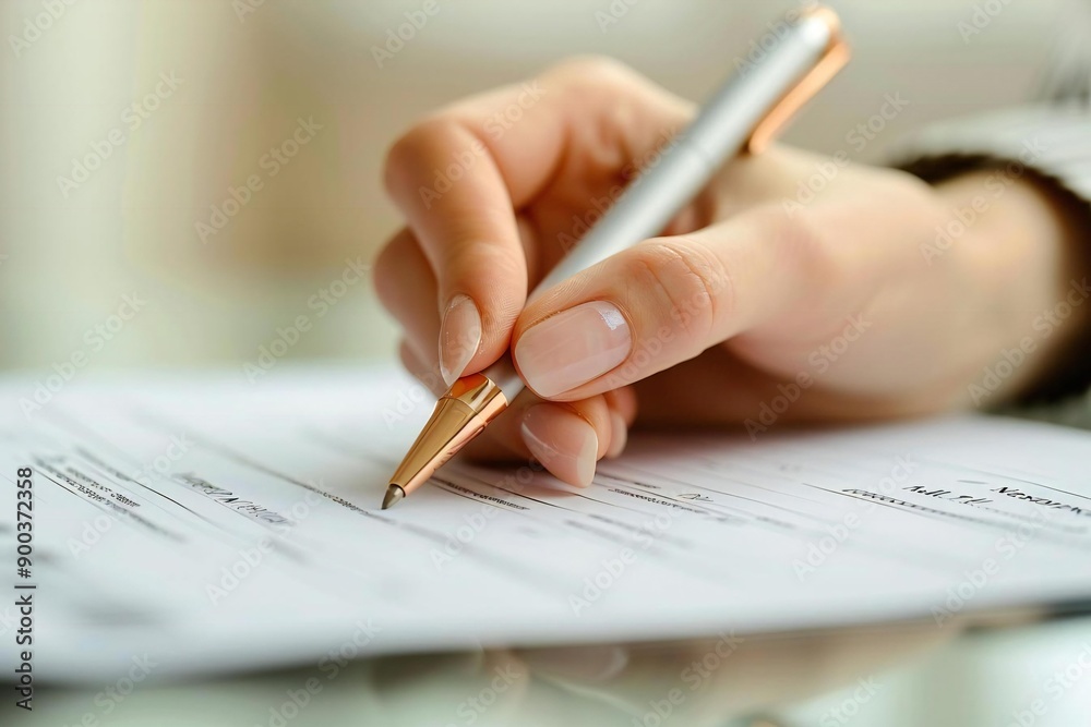 Beautiful human hand filling out a lease agreement form with a pen for a rental property. Beautiful human hand filling out a lease agreement form with a pen for a rental property.