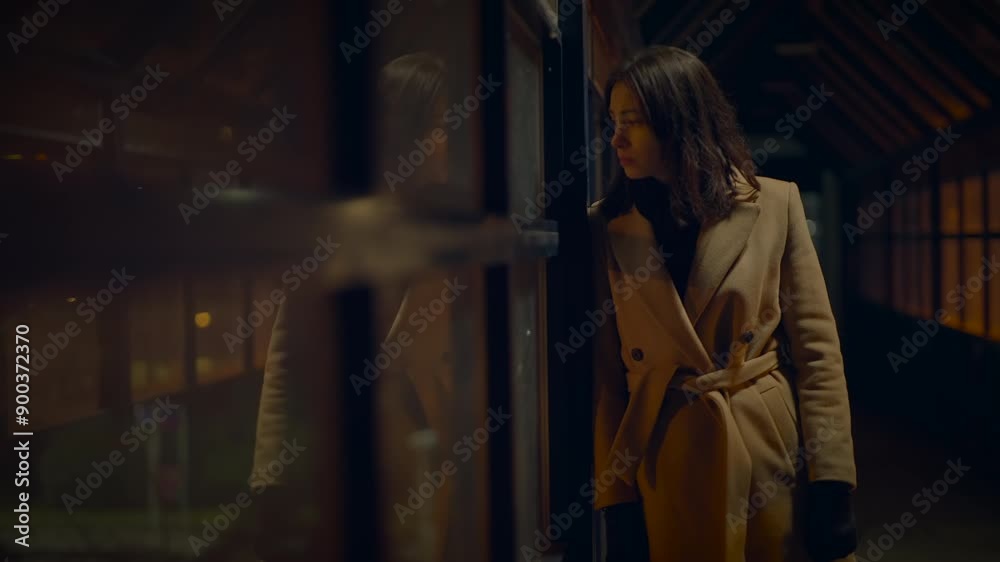 Mysterious Woman in Overcoat Contemplating in Dimly Lit Underpass, Embracing Enigma of Night Mysterious Woman in Overcoat Contemplating in Dimly Lit Underpass, Embracing Enigma of Night