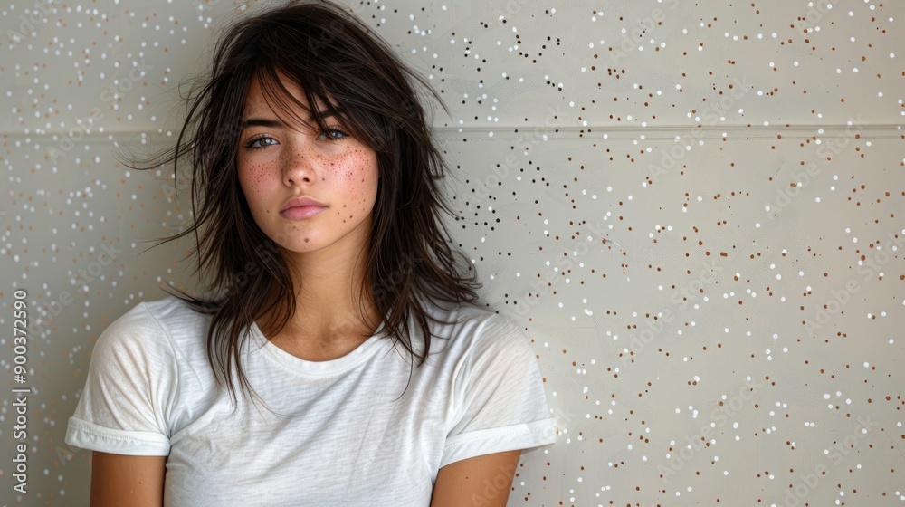 A thoughtful young woman with tousled hair gazes contemplatively at the viewer A thoughtful young woman with tousled hair gazes contemplatively at the viewer