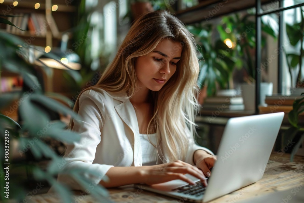 Beautiful businesswoman sitting in a wrong posture while working on laptop on a wooden office desk. Beautiful businesswoman sitting in a wrong posture while working on laptop on a wooden office desk.