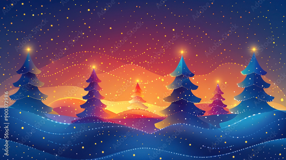 Fototapeta premium Whimsical winter night scene with colorful Christmas trees and starry sky