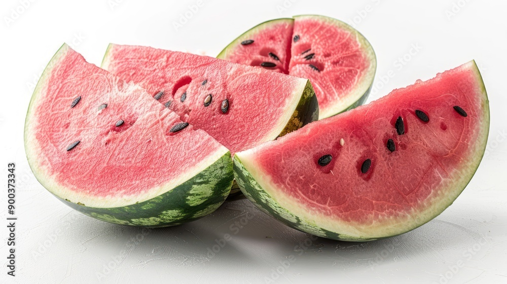 Freshly cut watermelon pieces reveal vibrant pink flesh and dark seeds Freshly cut watermelon pieces reveal vibrant pink flesh and dark seeds