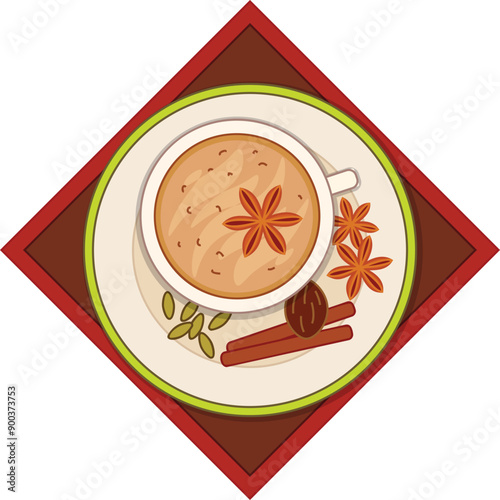 Aromatic masala chai tea with star anise, cinnamon sticks, cardamom seeds and nutmeg on a plate
