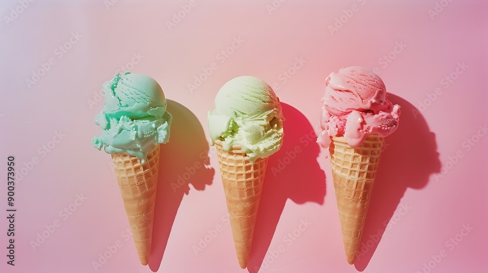 Three ice cream cones on a pink background. Three ice cream cones on a pink background.