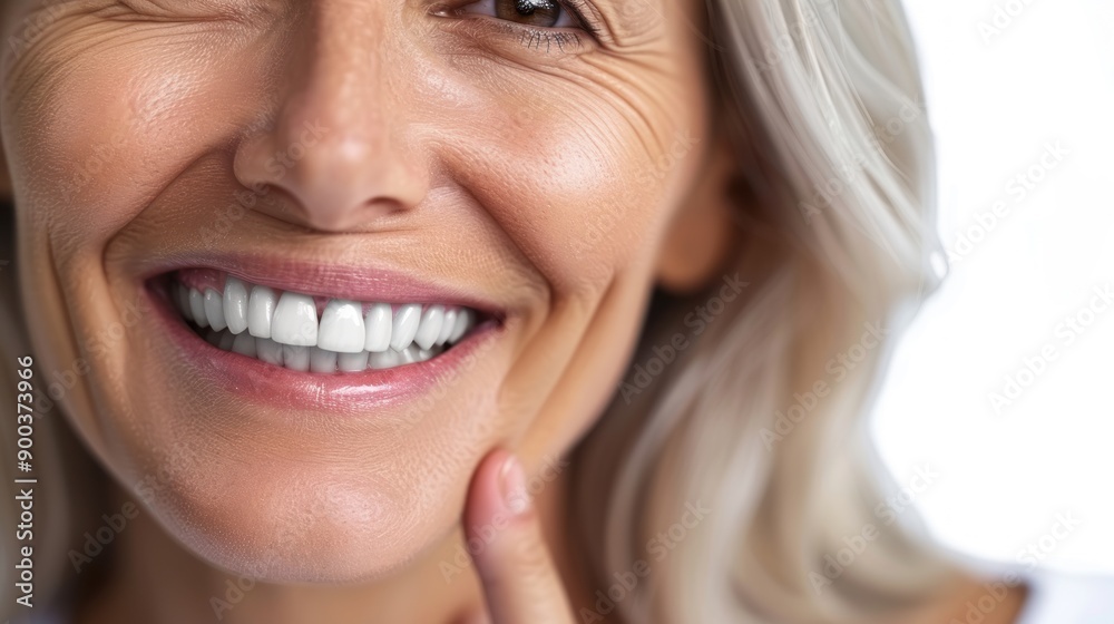 A cheerful woman shows her radiant smile with confidence and happiness A cheerful woman shows her radiant smile with confidence and happiness