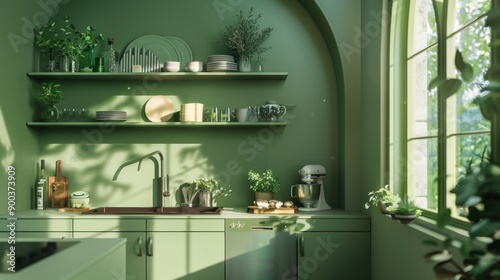 Modern Green Kitchen with Sunlight © LOVE TO ALLAH