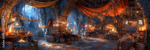 Cozy medieval tavern with warm lighting, rustic decor, wooden furniture, barrels, and a roaring fireplace. Inviting atmosphere with vintage vibes.