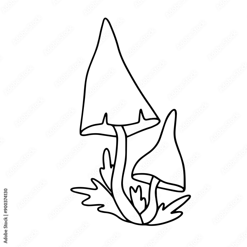 Fototapeta premium Vector doodles of fantasy mushrooms in the grass. Outline drawing cartoon