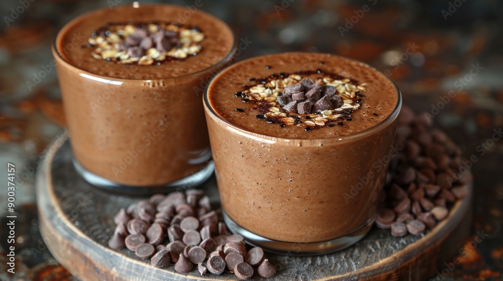 Savoring delicious chocolate smoothies with toppings on a rustic wooden countertop