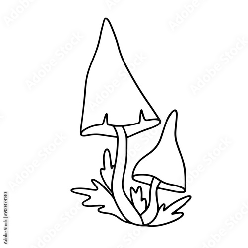 Vector doodles of fantasy mushrooms in the grass. Outline drawing cartoon