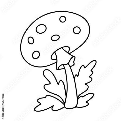 Vector fly agaric mushroom. Cartoon mushroom in the grass. Outline drawing of fly agaric