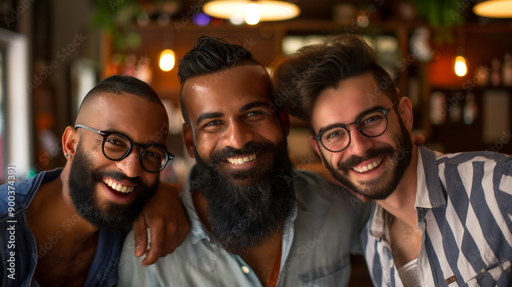 Three bearded buddies enjoying a fun time together at a pub Three bearded buddies enjoying a fun time together at a pub