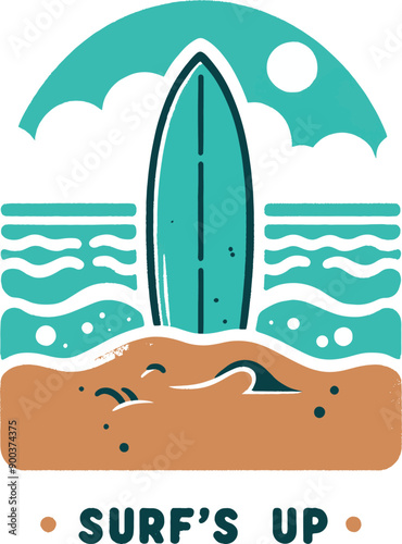 Aqua and Sand Colored Minimalistic rough cartoon sketch of a beach scene with a surfboard with the text "Surf's Up"