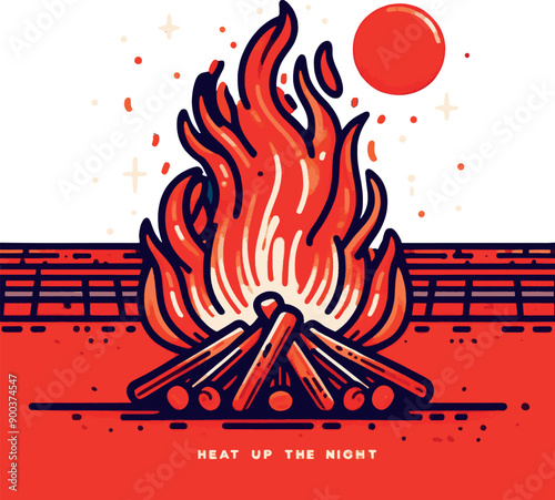 Vibrant Red and Orange Minimalistic rough cartoon sketch of a beach bonfire with the text "Heat Up the Night"