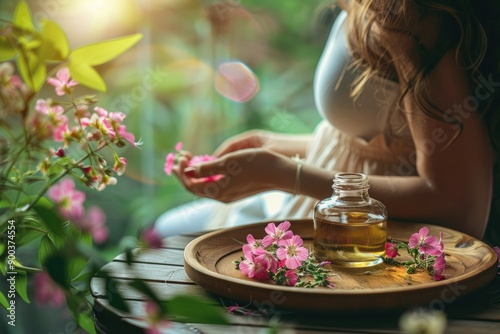 Photo of a woman brushing shiny hair, back view , geranium oil on a nearby table , Concept of geranium oil Generative AI