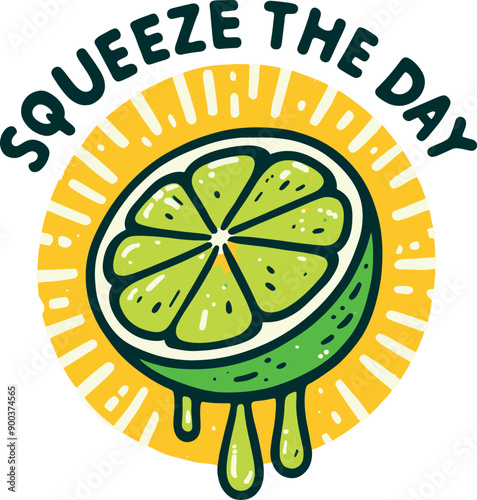 Lime Green and Yellow Minimalistic rough cartoon sketch of a lime slice, with the text "Squeeze the Day"