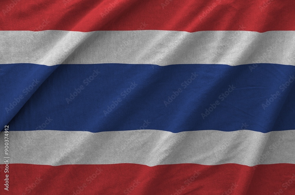 Thailand flag depicted on folded wavy fabric of old cloth close up Thailand flag depicted on folded wavy fabric of old cloth close up