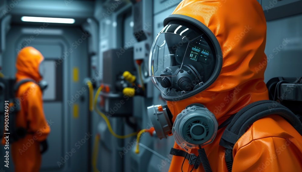Fototapeta premium A worker in a protective suit stands in a futuristic environment, showcasing advanced technology and safety equipment.