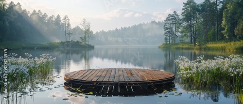 Fototapeta Naklejka Na Ścianę i Meble -  Wooden dock on a serene lake surrounded by trees and flowers in a misty forest, capturing a peaceful and tranquil nature scene.