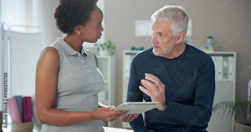 Senior, man and physiotherapist with tablet in consultation with results discussion and support in clinic. Physical therapy, mature patient and medical professional with tech for healthcare report Senior, man and physiotherapist with tablet in consultation with results discussion and support in clinic. Physical therapy, mature patient and medical professional with tech for healthcare report