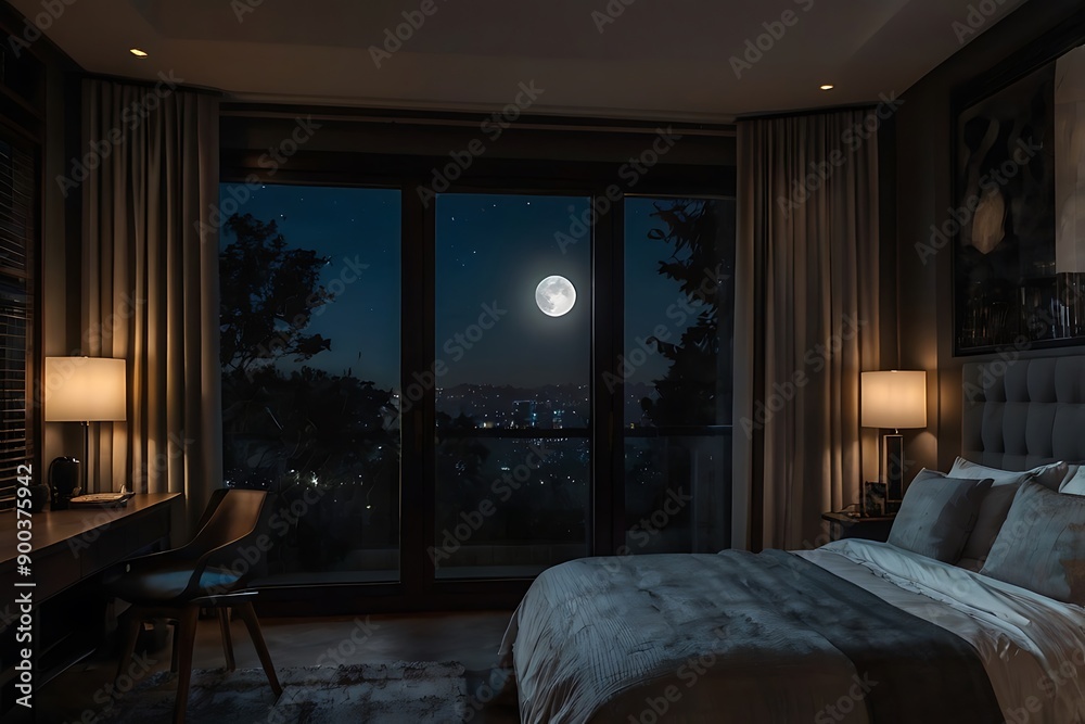 dark badroom at night with big window and fulmoon dark badroom at night with big window and fulmoon