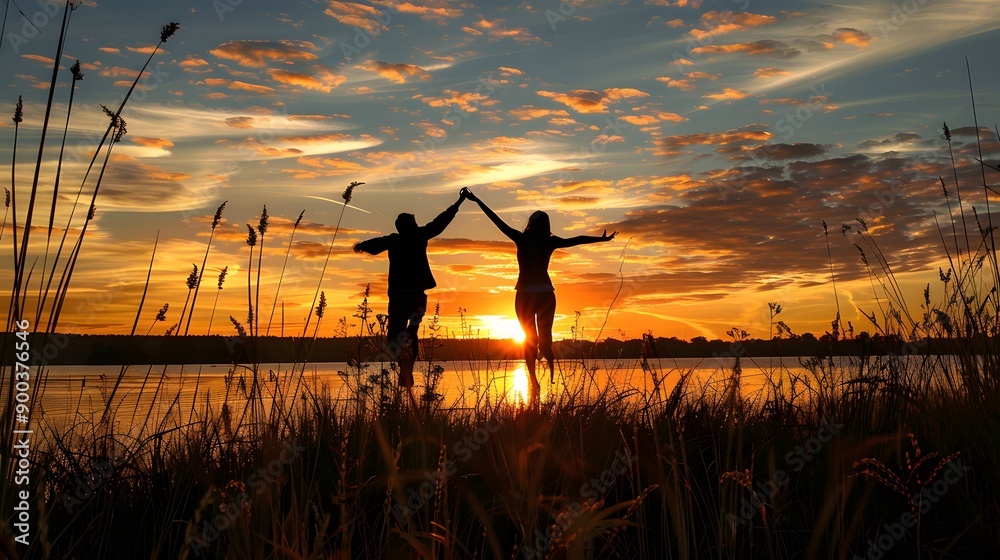 Fototapeta premium happy young couple stretching arms and waking up together in bedroom. 
