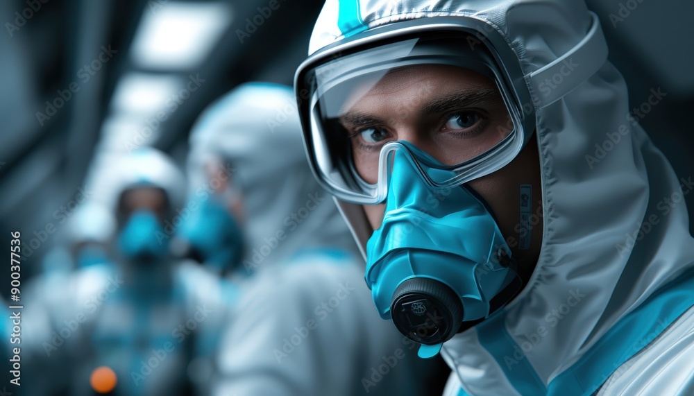 Close-up of a masked worker in protective gear, showcasing safety and professionalism in a high-tech environment. Close-up of a masked worker in protective gear, showcasing safety and professionalism in a high-tech environment.