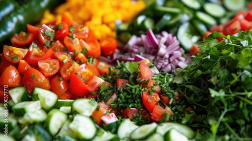 A colorful Lebanese salad spread with fresh vegetables and herbs