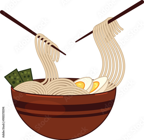Illustration of a bowl of ramen with chopsticks lifting noodles out of the broth
