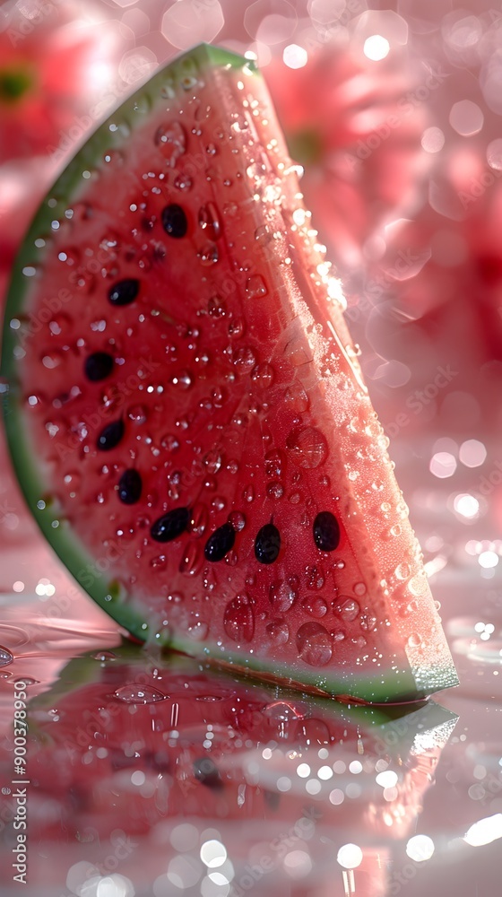 Close-up of a fresh watermelon slice covered in water droplets, placed on a reflective pink surface with a bokeh effect in the background, creating a dreamy and refreshing summer scene. Close-up of a fresh watermelon slice covered in water droplets, placed on a reflective pink surface with a bokeh effect in the background, creating a dreamy and refreshing summer scene.