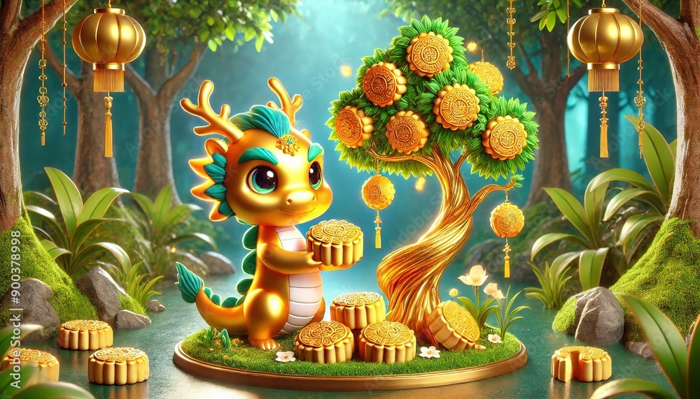 Obraz premium A little gold dragon holds a mooncake under a tree bearing mooncakes on the Chinese Mid-Autumn Festival